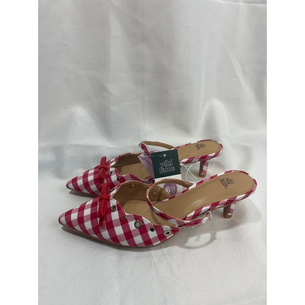 Wild Fable Red White Gingham Kitten Heel Mules Pointed Toe Bow Grommet Shoes 6.5
